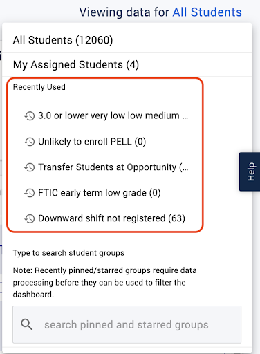 Filters show your five most recently used groups