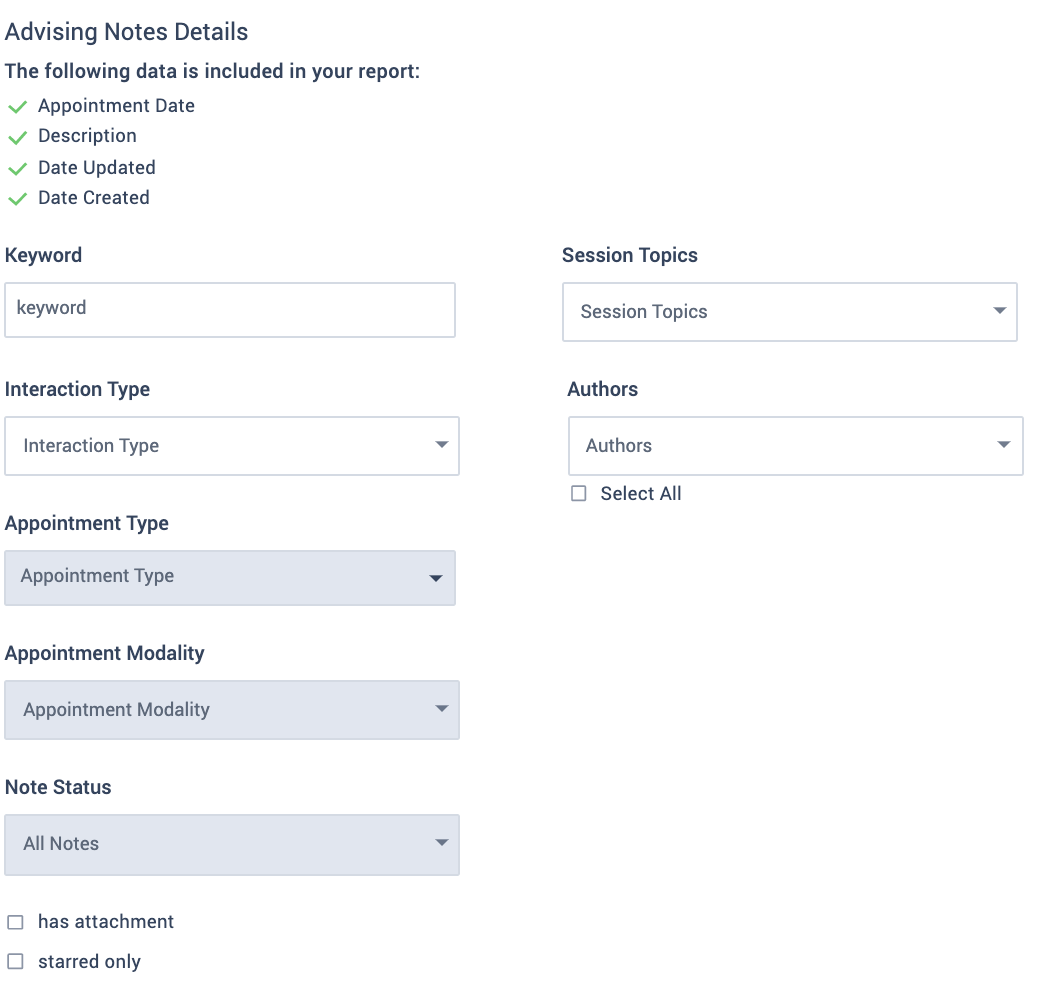 Advising Notes Report displays appointment types, modalities, and note statuses.