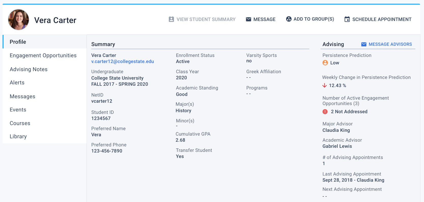 Change in persistence now displays on the student summary card.