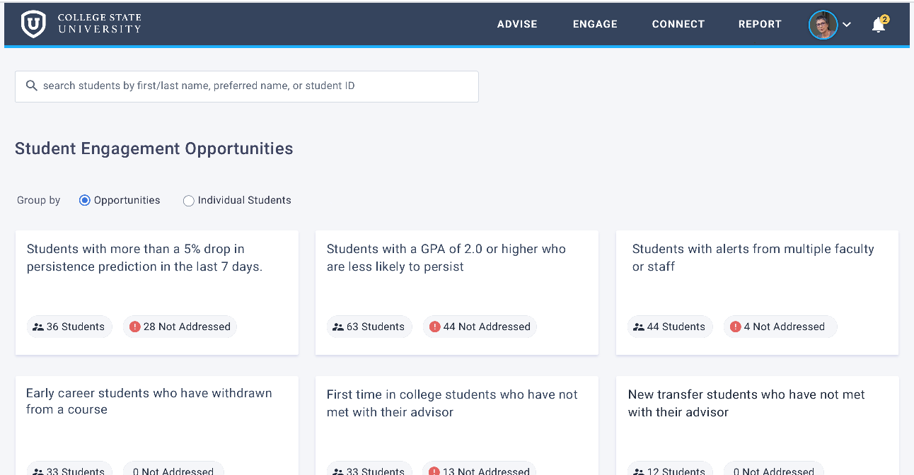 Display of the new Engagement Opportunity which surfaces students with more than a 5% drop in persistence prediction in the last 7 days.