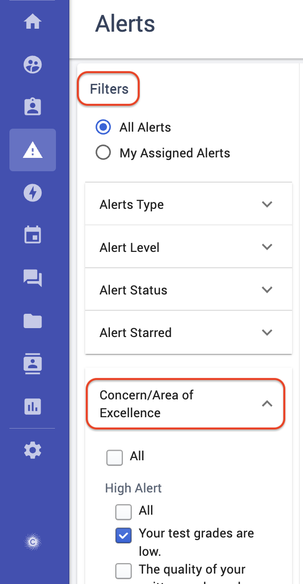 Filter by one or more concerns or areas of excellence in the alerts