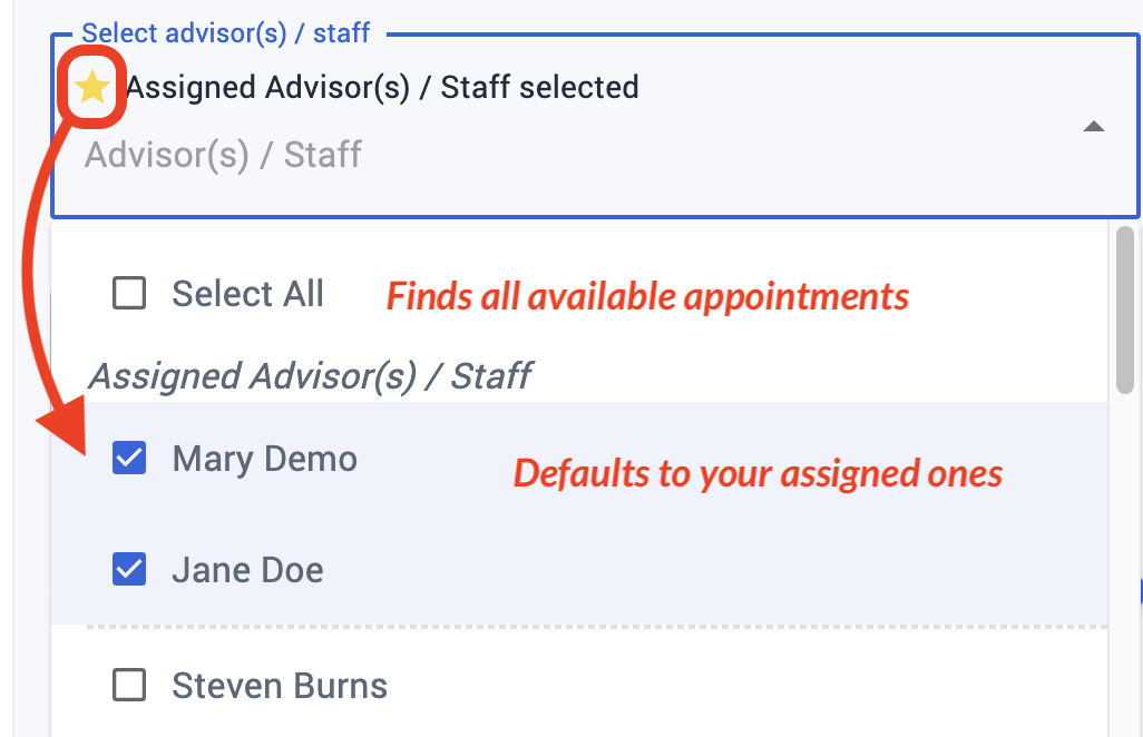 If your institution assigns advisors, you will see them selected, with yellow stars