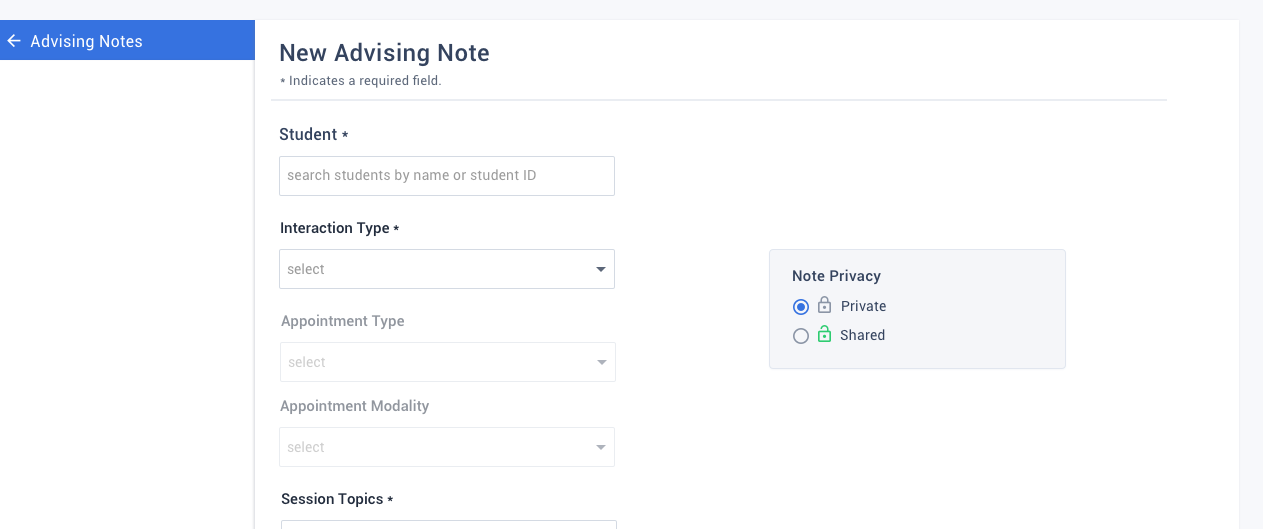 Interaction type, appointment type, and appointment modality all display when creating a new Advising Note.
