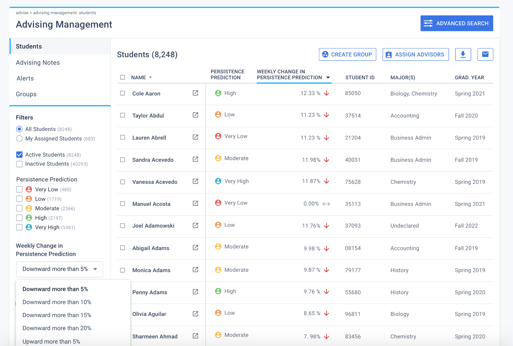 New filter allows for users to select a specific weekly change in students