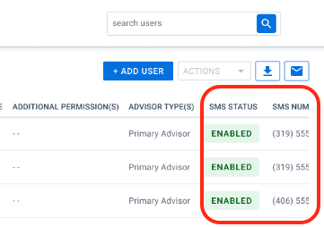 Scroll right for columns on SMS Status and SMS Number