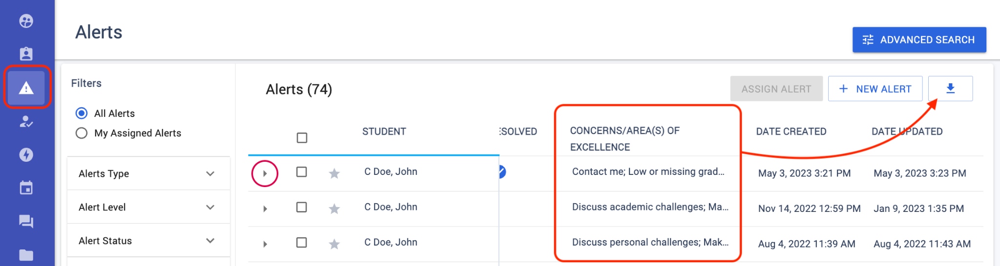 The Alerts table and download now include the column for Concerns