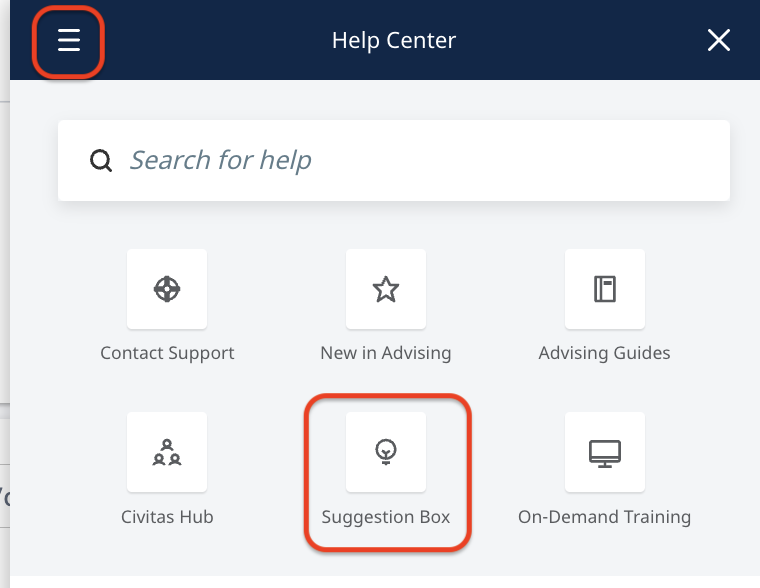 The Help assistant includes a Suggestion Box for submitting ideas to improve the Advising app