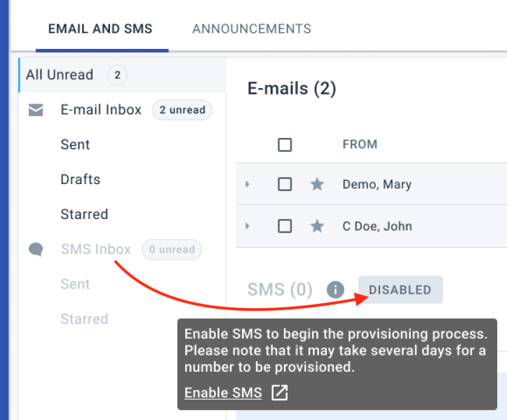 The SMS inbox is disabled until you Enable SMS and get an assigned number
