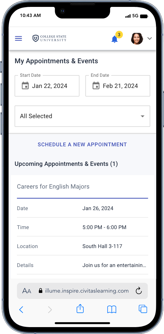 The mobile calendar lists existing appointments and events