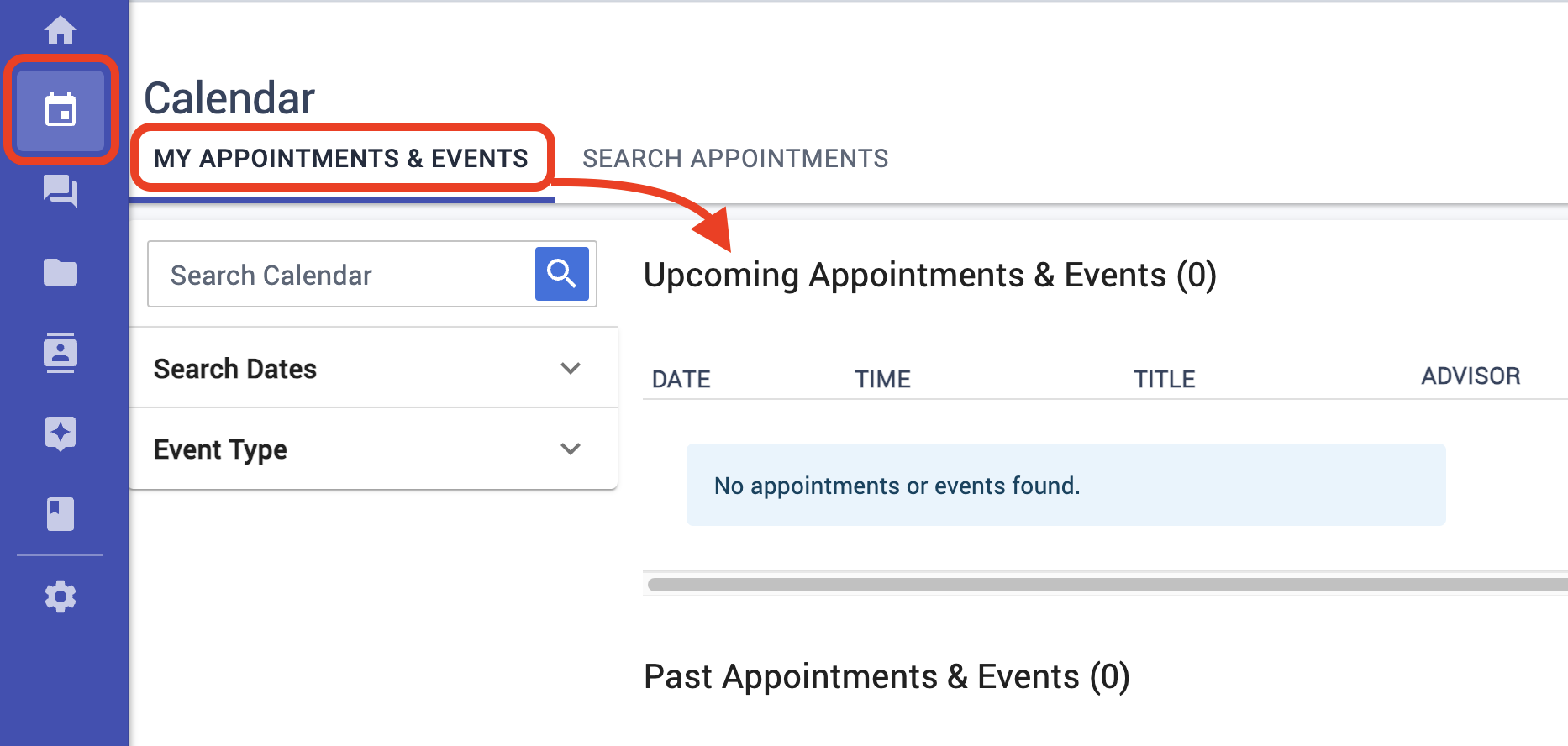 Upcoming appointments and events are listed at the top of the first tab