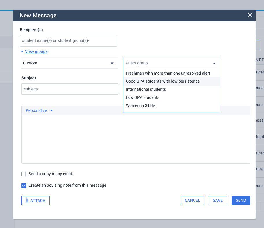 Users can send a message to a custom group via the custom group dropdown fields.