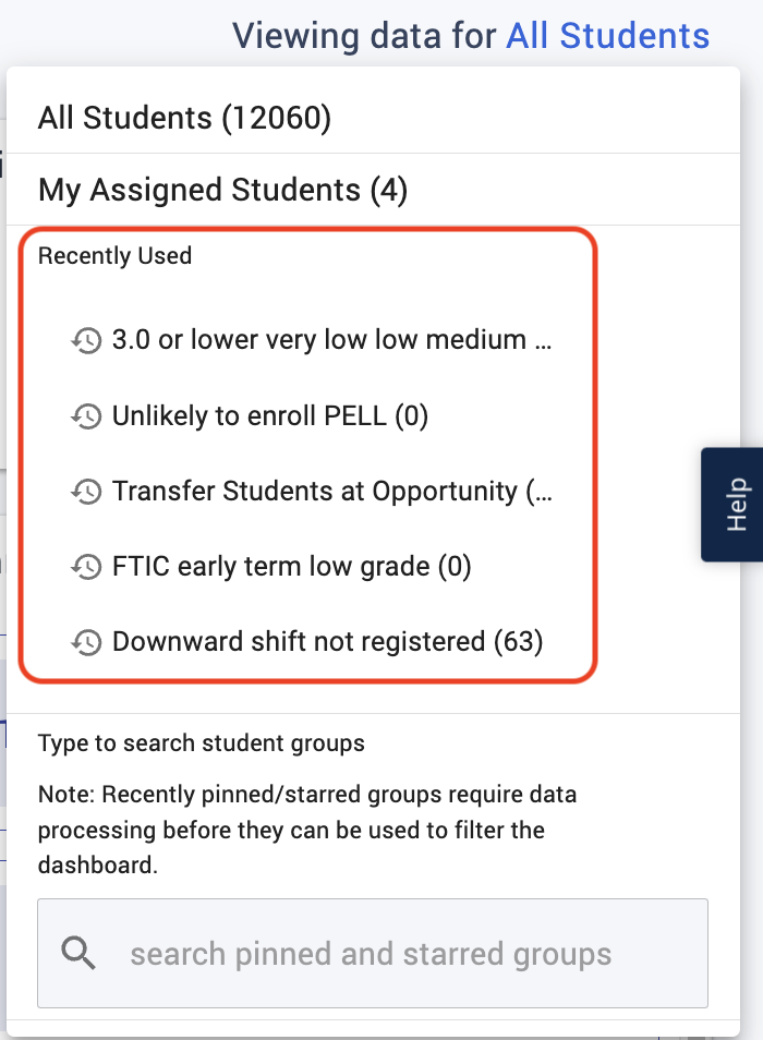 Your last 5 pinned or starred groups used to filter the dashboard appear under Recently Used